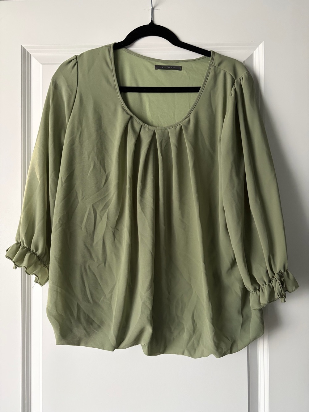 Suzy Shier Olive Green Scoop Neck Pleated Blouse